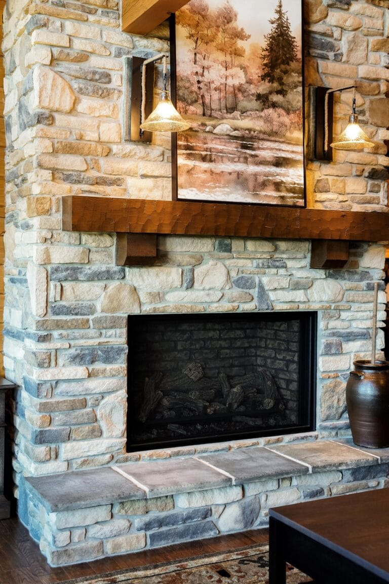 Fireplace finished with ProVia manufactured Ledgestone